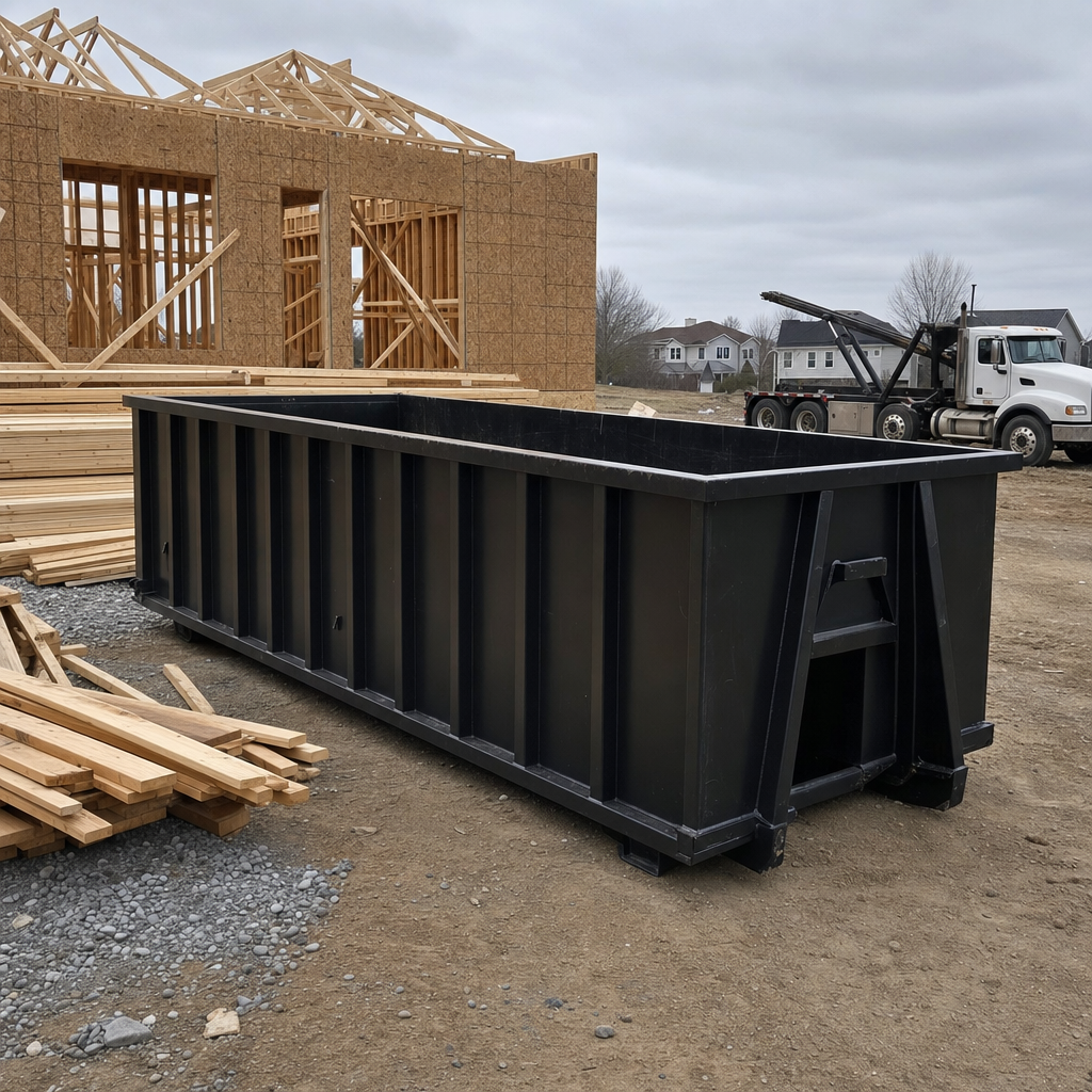 Matte-black 40-yard roll-off dumpster staged on a framed-out residential construction site in Alhambra, framing lumber stacked nearby, hooklift delivery truck visible in the background under bright Colorado daylight