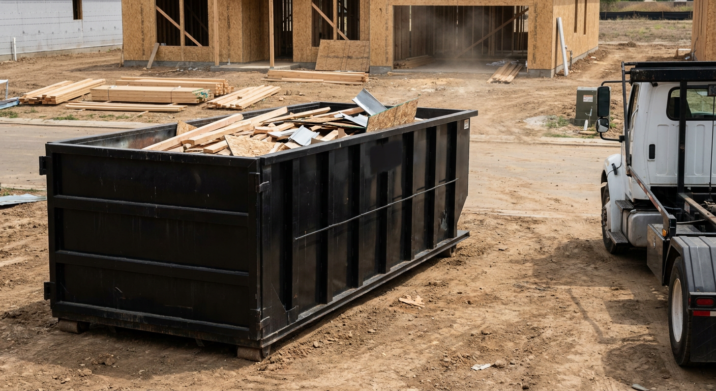Matte-black 20-yard roll-off construction dumpster with heavy ribbed steel sidewalls and swing rear doors at a working jobsite in Alhambra, sitting directly on compacted dirt with an unmarked white hauler partially visible at the far edge of the frame.