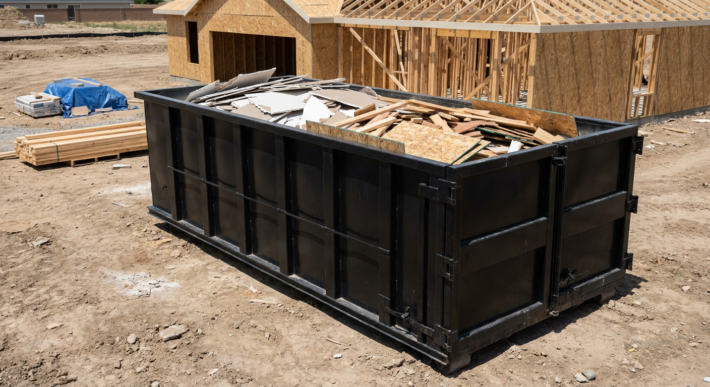 Matte-black 30-yard roll-off construction dumpster sitting directly on the compacted-dirt site of a framed single-family home build in Alhambra, drywall and lumber scrap loaded inside.