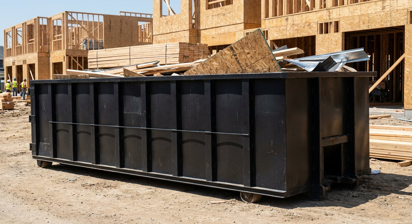 Matte-black 40-yard roll-off construction dumpster being lowered from a white-cab hooklift delivery truck onto the compacted-dirt jobsite at a commercial build site in Alhambra