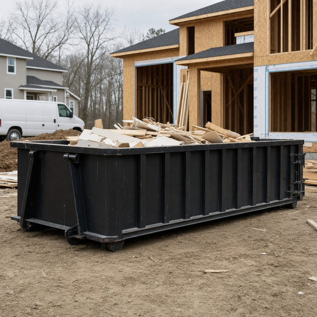 Worker in a yellow high-visibility vest tossing framing lumber and broken drywall into a matte-black 30-yard construction roll-off dumpster on an active build site in Alhambra, bright daylight