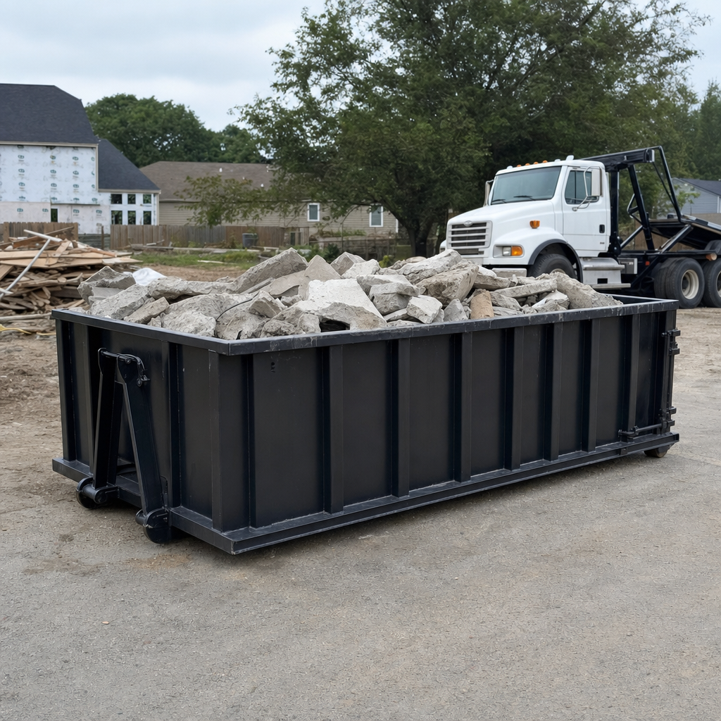 Low-profile matte-black lowboy roll-off dumpster loaded with broken concrete slab and rebar at a foundation tear-out in Alhambra, skid steer parked beside it, sunny Colorado morning