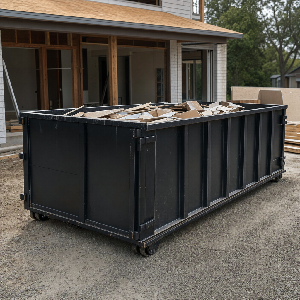 Large matte-black 30-yard construction roll-off dumpster at an active Alhambra jobsite, steel-gray top rails and bottom rollers visible, loaded with construction debris.