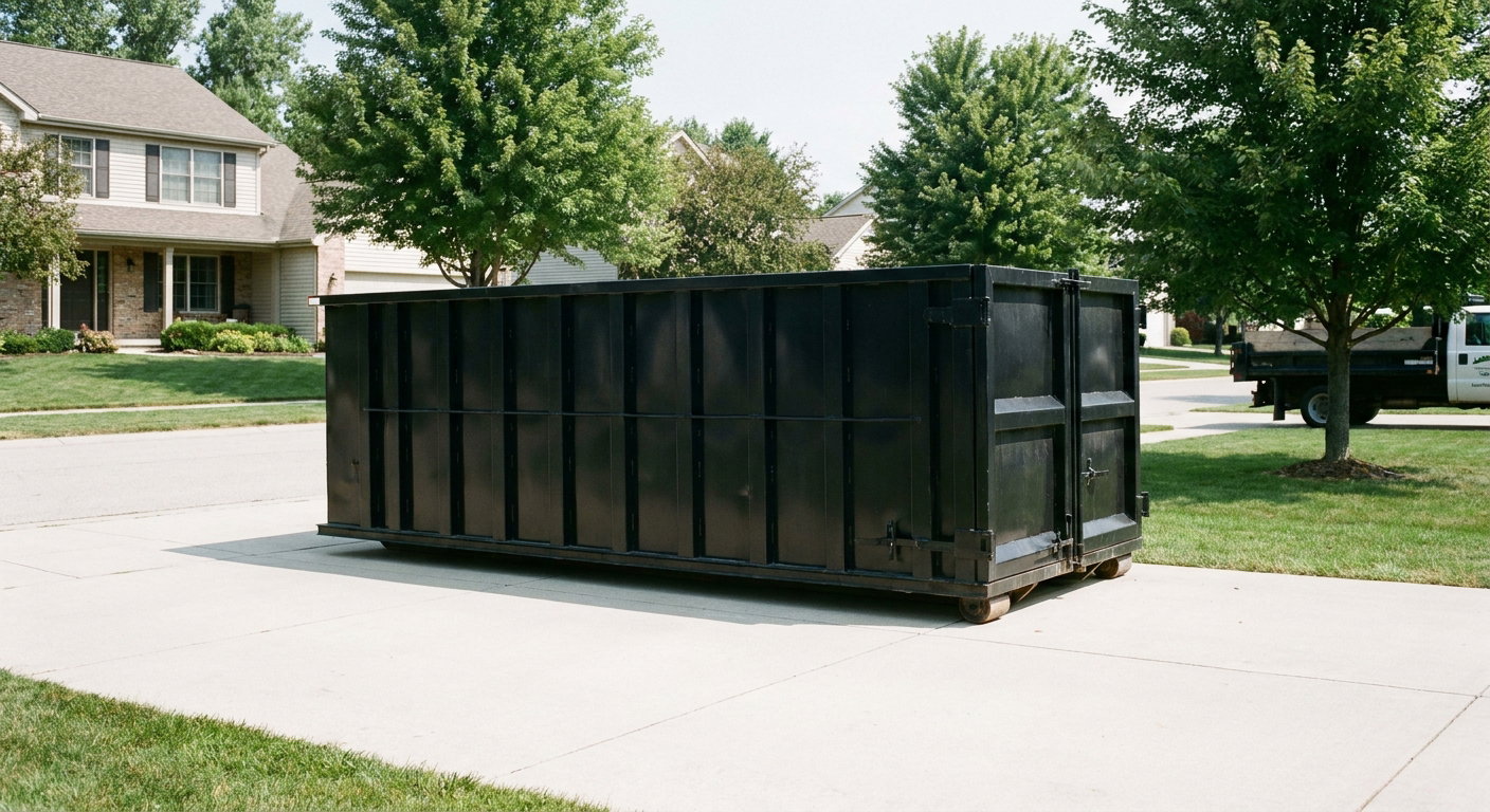 Matte-black 20-yard roll-off dumpster sitting level on a clean Alhambra residential concrete driveway under bright daylight, demonstrating clean placement directly on the concrete.