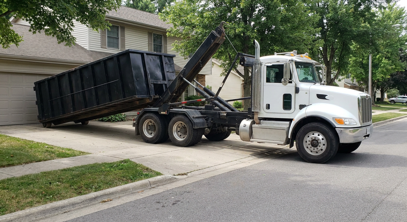 White-cab hooklift roll-off truck actively lowering a matte-black dumpster onto a Alhambra residential concrete driveway, the dumpster's rear wheels touching the driveway as the hoist arm tilts the bed forward, mid-morning daylight.