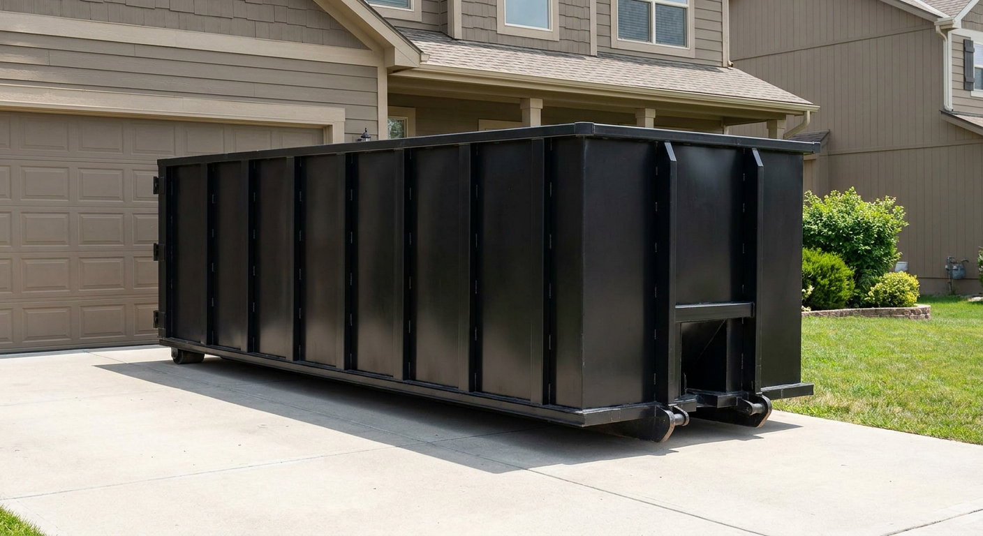 Matte-black residential roll-off dumpster sitting directly on a suburban Alhambra concrete driveway, garage door closed, single-family home in background, bright morning daylight.