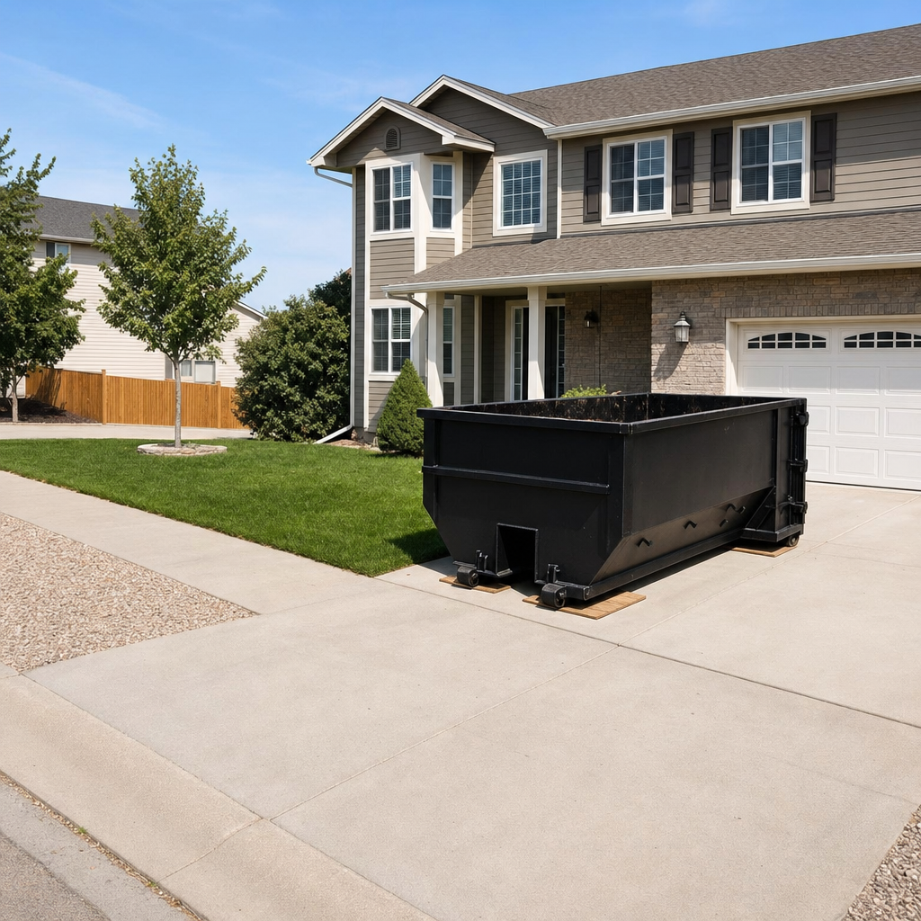 10-yard matte-black residential dumpster placed directly on a narrow Alhambra concrete driveway, room remains for a parked sedan beside it, mid-morning natural light