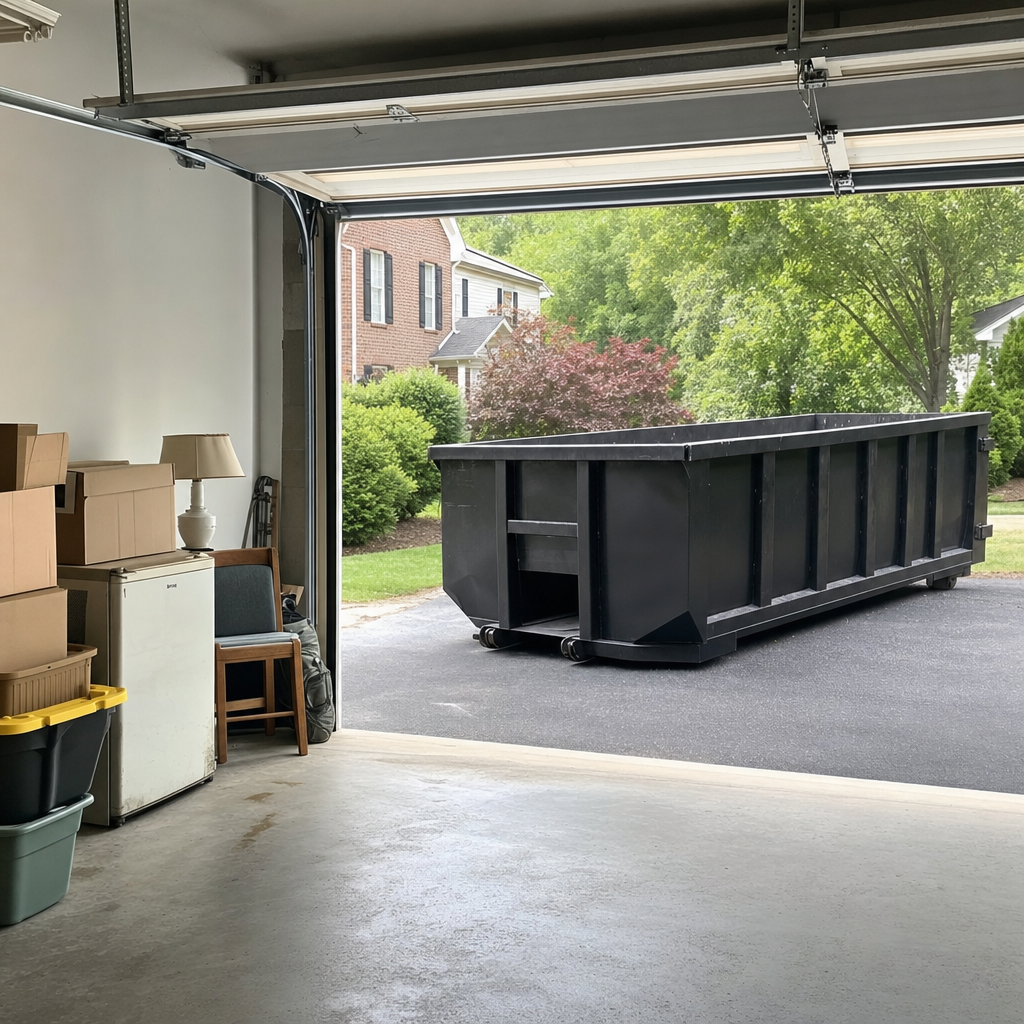 Open garage interior in a Alhambra home mid-cleanout — boxed items, an old appliance, and stacked yard tools queued near the driveway for a matte-black roll-off dumpster, organized and calm