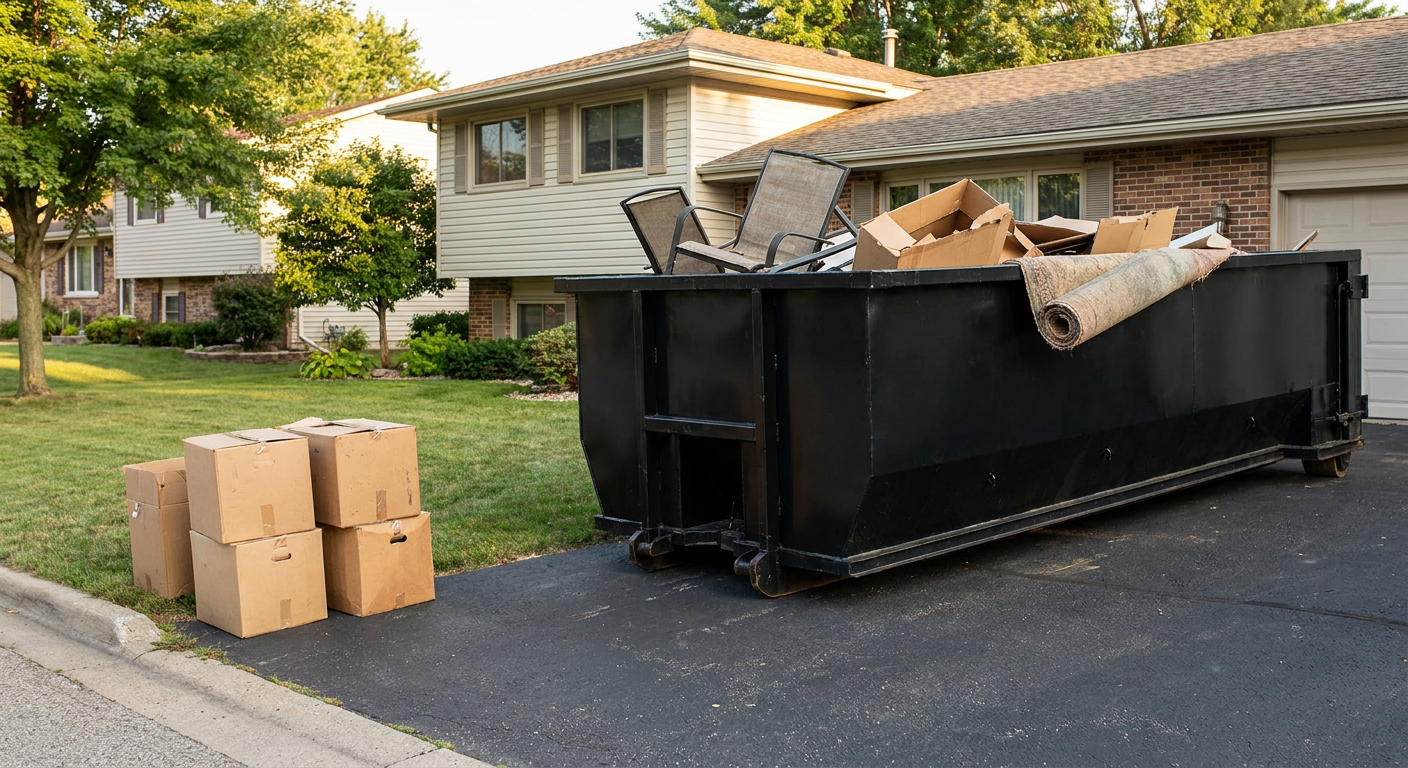 Front-yard view of a Alhambra split-level home with a 20-yard matte-black roll-off dumpster sitting directly on the asphalt driveway, a few clearly labeled donation boxes staged at the curb, calm sunny afternoon.