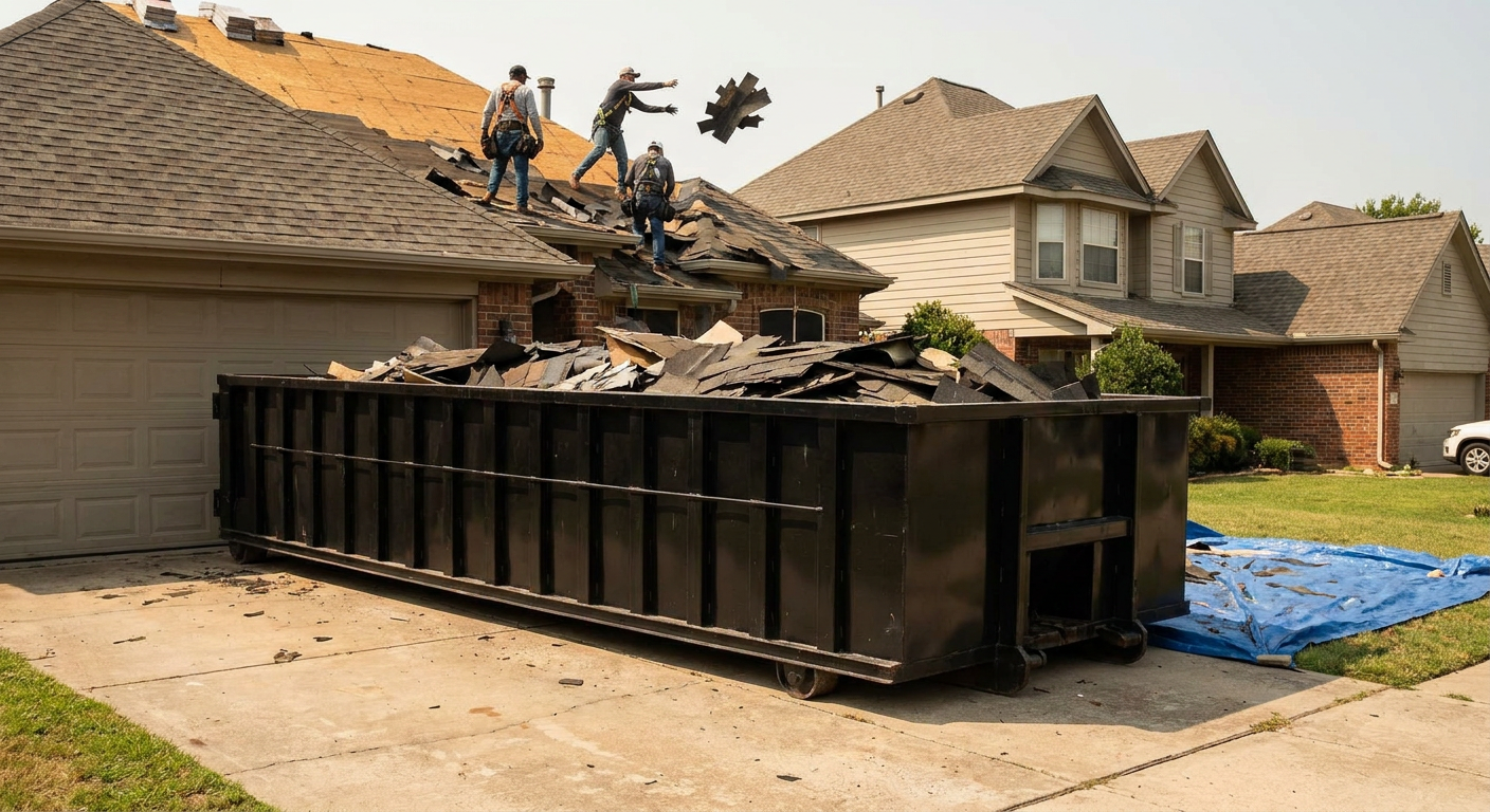Matte-black roofing roll-off dumpster placed directly on a Alhambra residential concrete driveway, a tear-off crew on a two-story asphalt-shingle roof tossing shingle bundles into the low-walled container, bright daylight, documentary 35mm perspective.