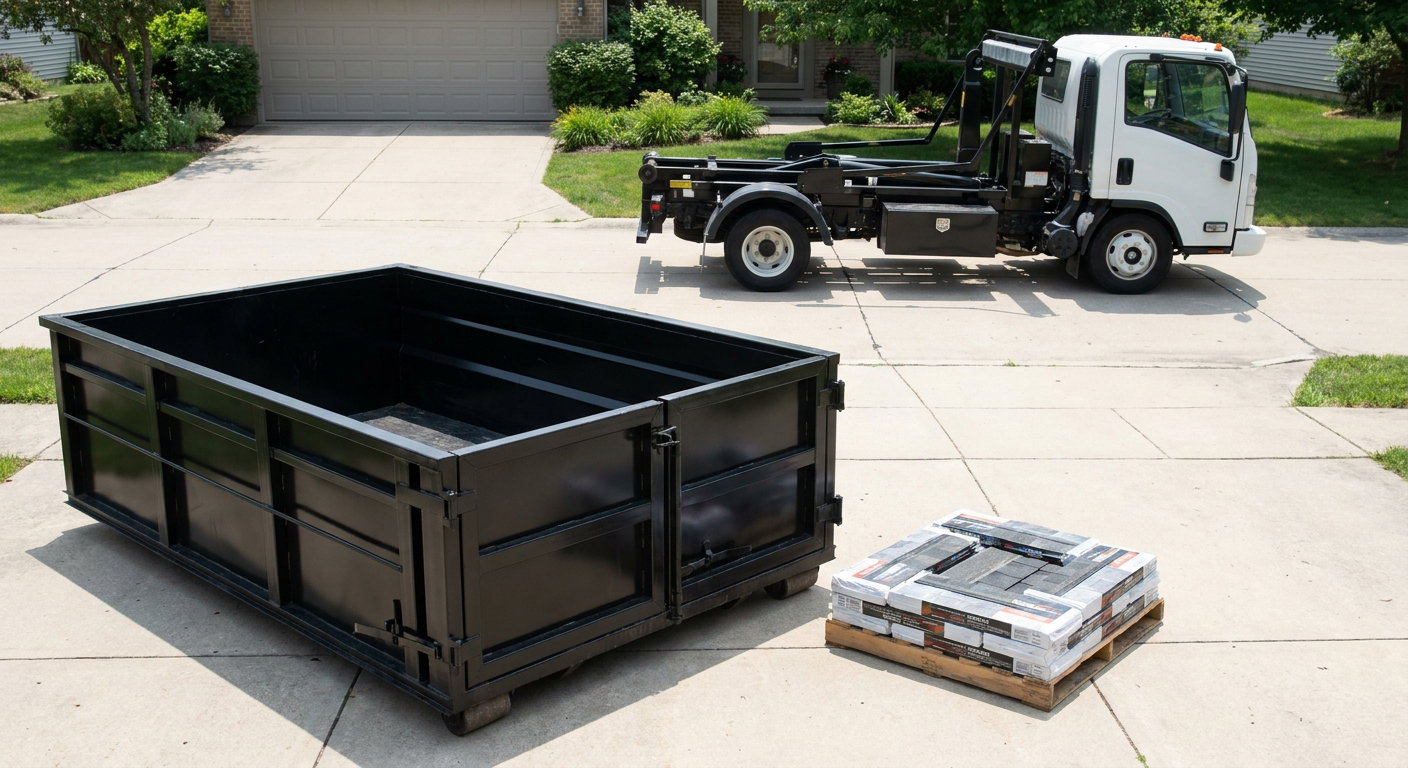 Matte-black 15-yard roofing roll-off dumpster with reinforced low side walls sitting directly on a Alhambra residential concrete driveway, three-tab asphalt shingle bundles stacked nearby, an unmarked white hauler truck partially visible at the edge of the frame.