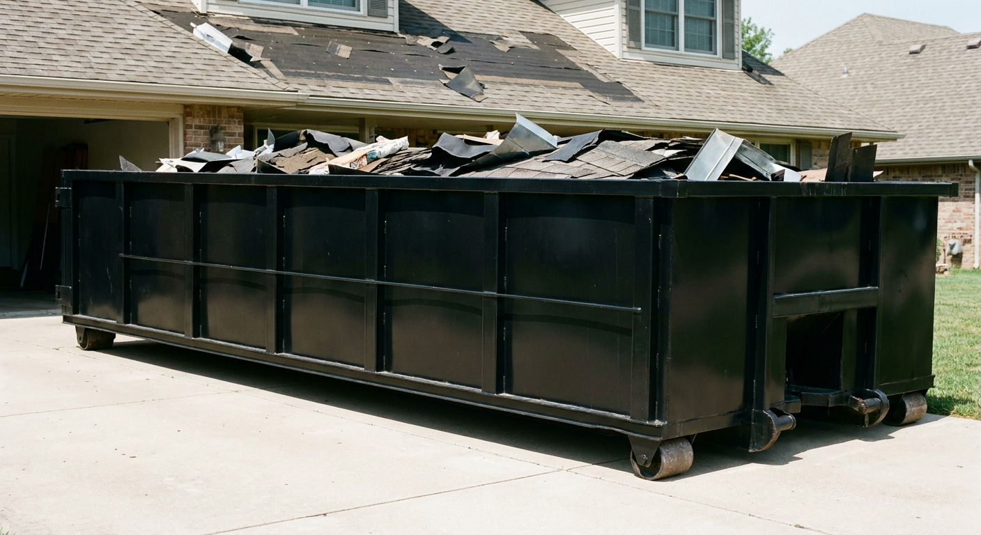 Matte-black 20-yard roofing roll-off dumpster with steel ribbed sides and swinging rear door, sitting directly on the concrete driveway of a two-story Alhambra home, asphalt shingle debris being loaded over the low wall, clean documentary lighting.