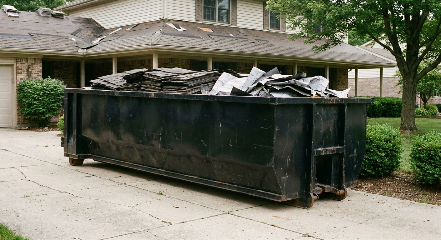Matte-black 30-yard roofing roll-off dumpster sitting directly on a Alhambra concrete driveway, taller ribbed steel side panels, mixed tear-off debris of asphalt shingles and underlayment inside, professional documentary daylight.