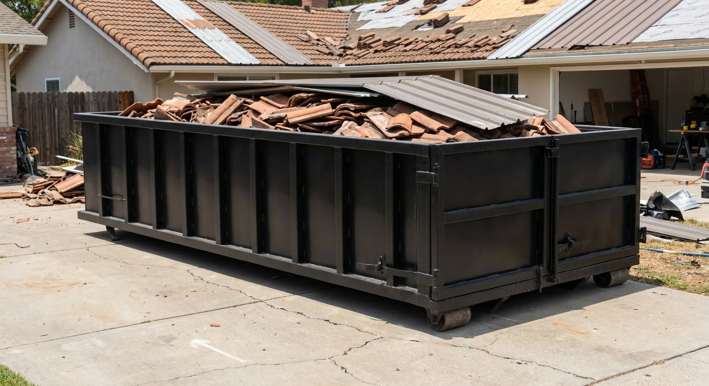 Matte-black low-wall heavy-debris roofing roll-off dumpster sitting directly on a Alhambra concrete driveway, broken concrete clay roof tiles and metal panel sections loaded inside, reinforced ribbed steel side walls visible, bright outdoor daylight.