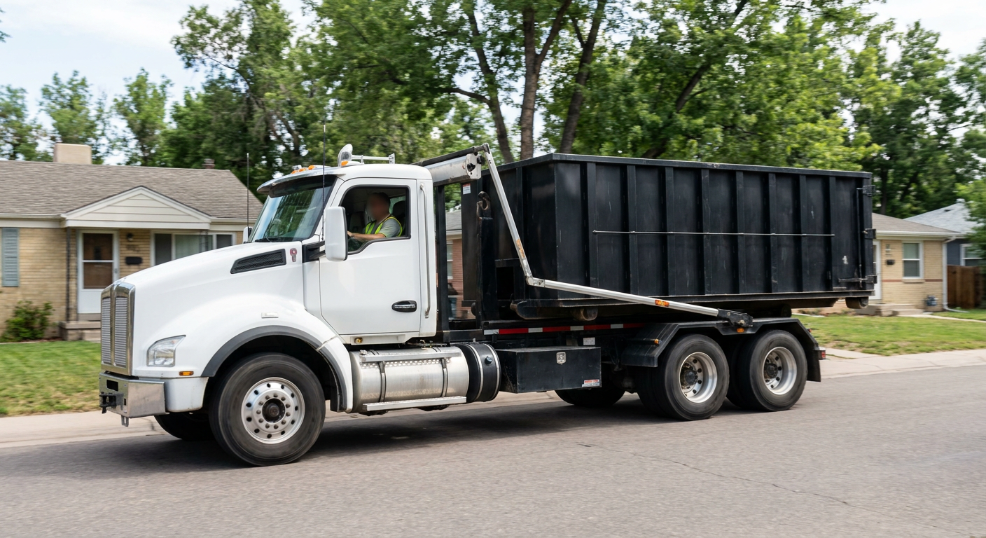 A wide documentary shot of a matte-black roll-off delivery truck pulling onto a quiet Alhambra residential street at mid-morning, with neighborhood rooftops and tree-lined blocks visible behind, showing the metro coverage footprint.