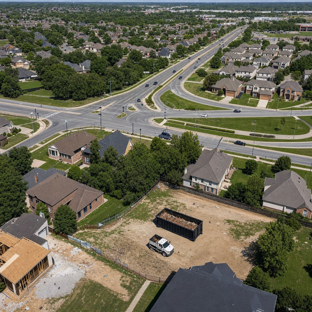 An overhead documentary view of the Alhambra metro area at midday, showing the spread of neighborhoods, arterial roads, and the dispatch radius from a central yard — clean daylight, organized geographic layout.
