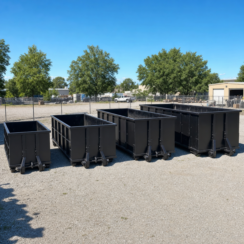 A clean lineup of matte-black roll-off dumpsters in 10, 20, 30, and 40-yard sizes staged on a sunlit gravel yard in Alhambra, showing the size progression from compact to commercial-scale containers.
