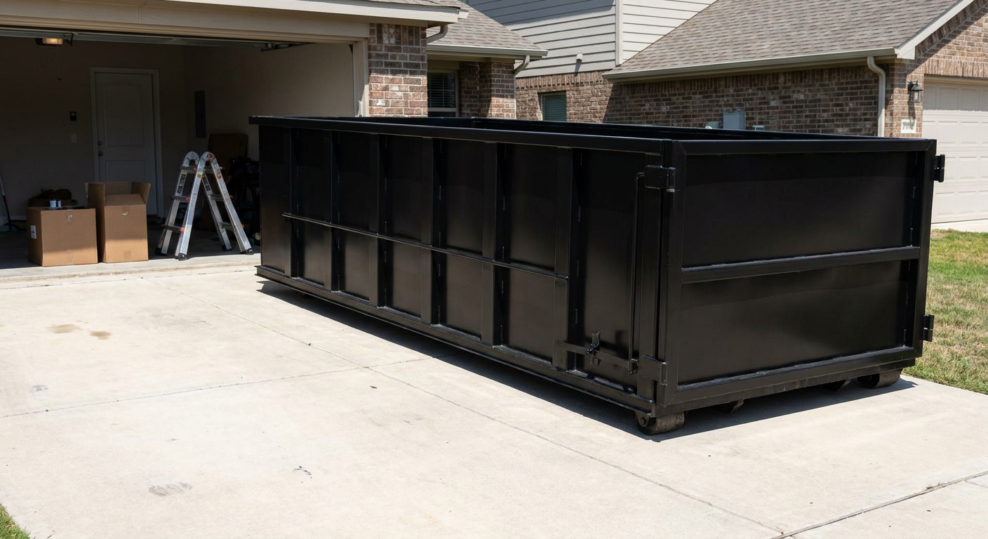 A matte-black 10-yard roll-off dumpster sitting directly on a residential Alhambra concrete driveway, mid-day sunlight, clean and ready for a garage cleanout.