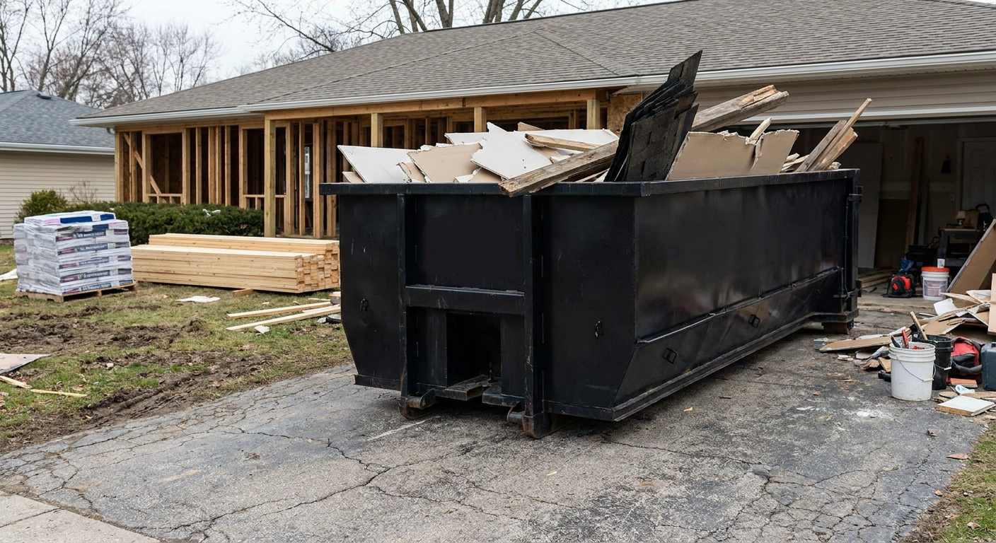 A matte-black 20-yard roll-off dumpster placed alongside a mid-renovation Alhambra home directly on the asphalt driveway, with framing materials and torn-off shingles staged neatly nearby.