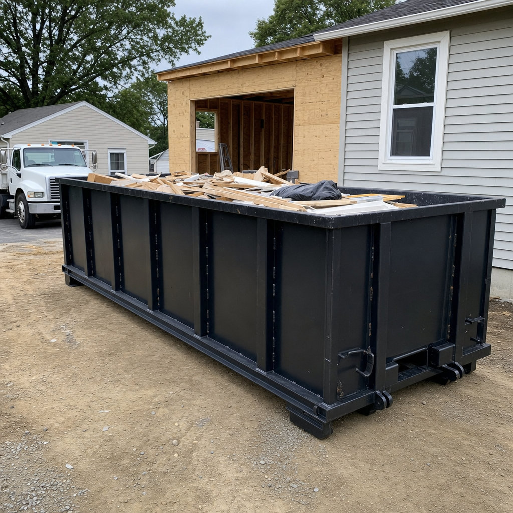 A matte-black 30-yard roll-off dumpster positioned at a Alhambra residential addition jobsite, with framing lumber and drywall scraps loaded through the open swinging rear doors.
