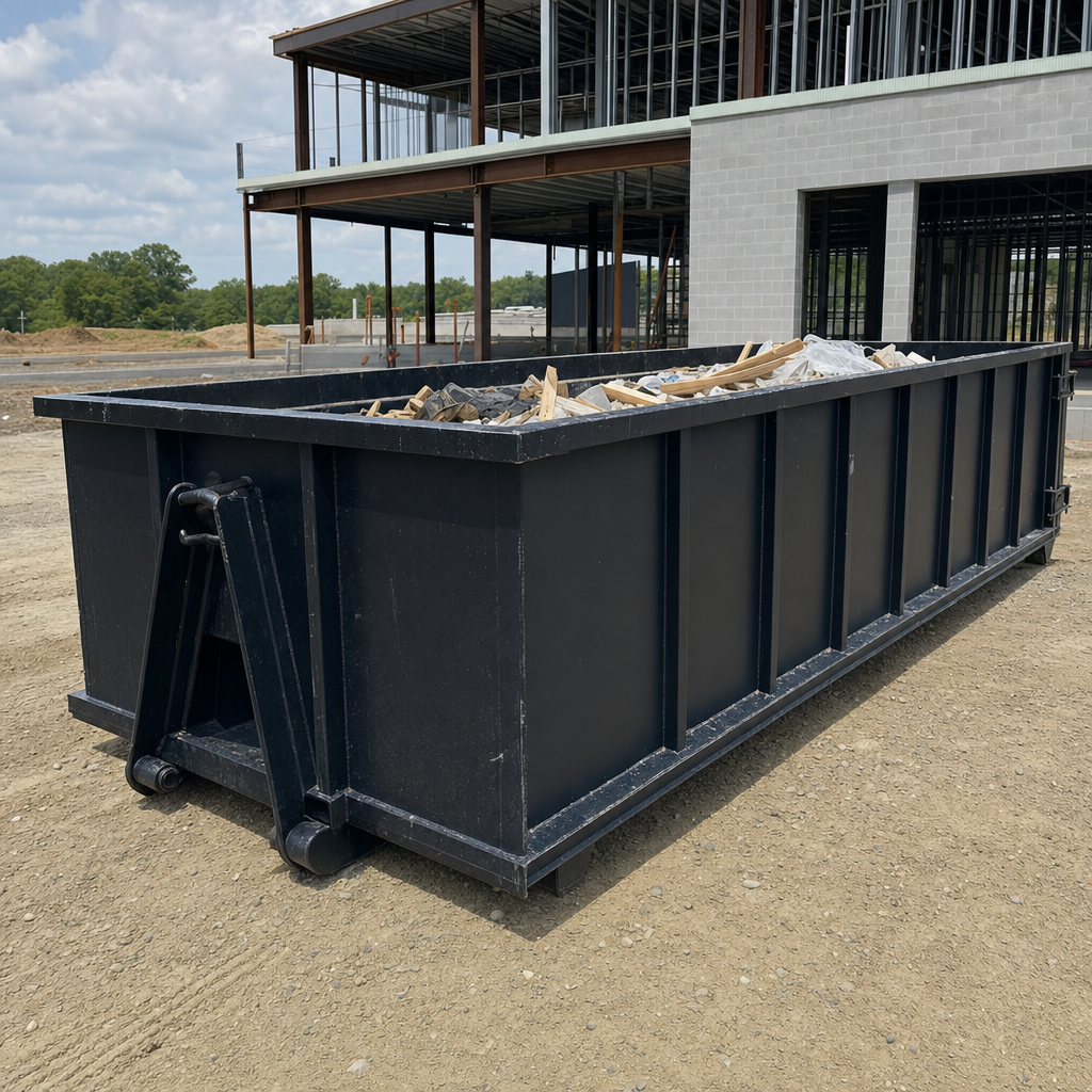 A matte-black 40-yard roll-off dumpster staged on a large Alhambra commercial construction lot, with a hooklift delivery truck parked alongside under bright midday sky.