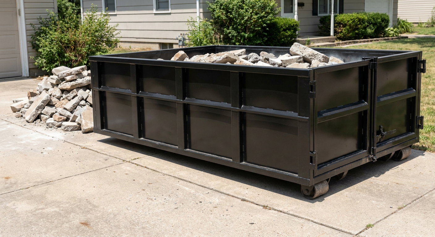 A matte-black low-side heavy-debris roll-off dumpster placed directly on a Alhambra concrete driveway, with broken concrete chunks neatly stacked beside it under clean daylight.